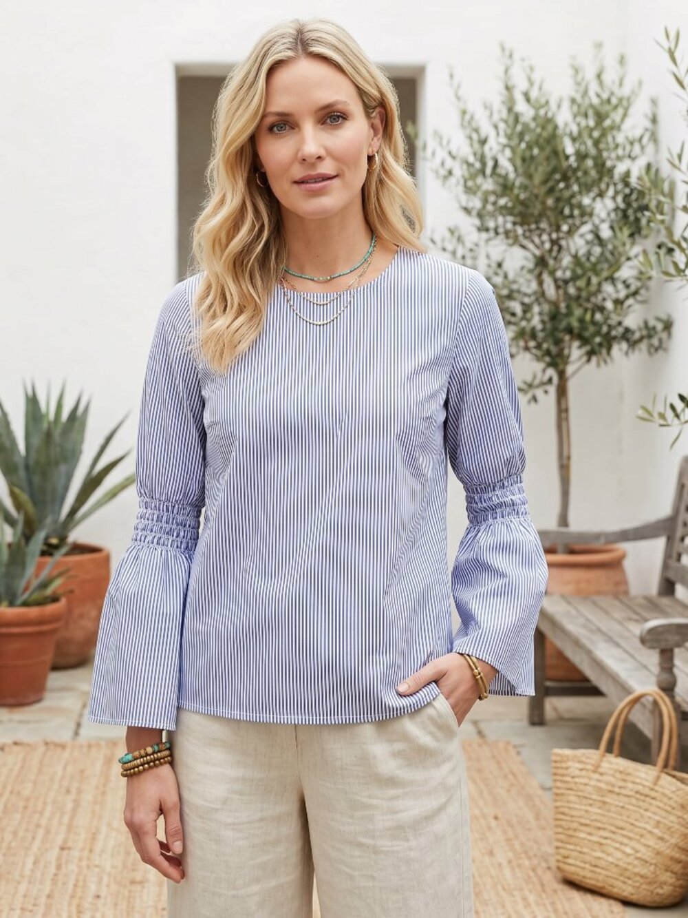Beach Lunch Lounge Pinstripe Top‎ M Blue Smocked Bell Sleeve Poet Boho Coastal